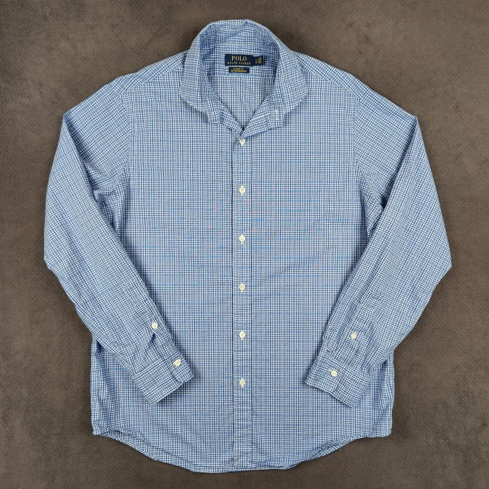 Polo Ralph Lauren Shirt Mens Large Blue Plaid Classic Fit Cotton Stretch Button